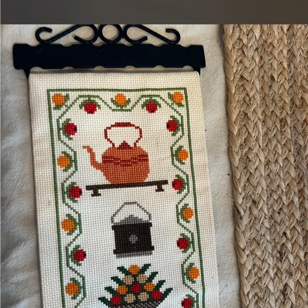 Vintage Tapestry with Teapot and Floral Design in Brown and Orange